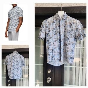 Culturata‎ Short Sleeve Wallpaper Floral Print Contemporary Fit Shirt Blue